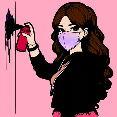 realistic girl with mask spray painting a wall
