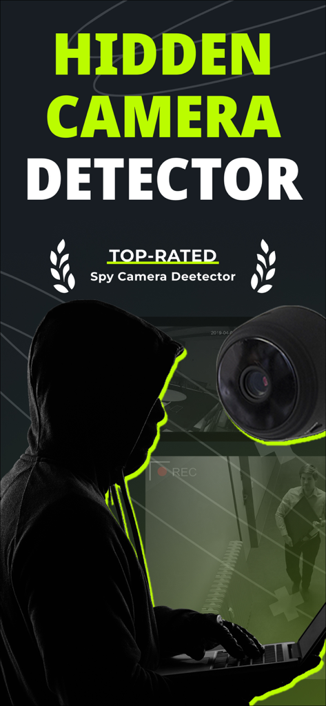 Bannière promotionnelle pour une application de détecteur de caméra cachée de premier ordre présentant une caméra espion et une personne avec un sweat à capuche utilisant un ordinateur portable
