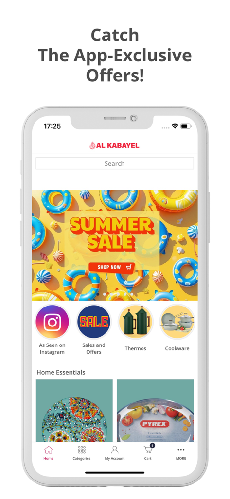 AL KABAYEL - Online Shopping - Al Kabayel mobile app home screen showing a summer sale banner and various home essentials categories