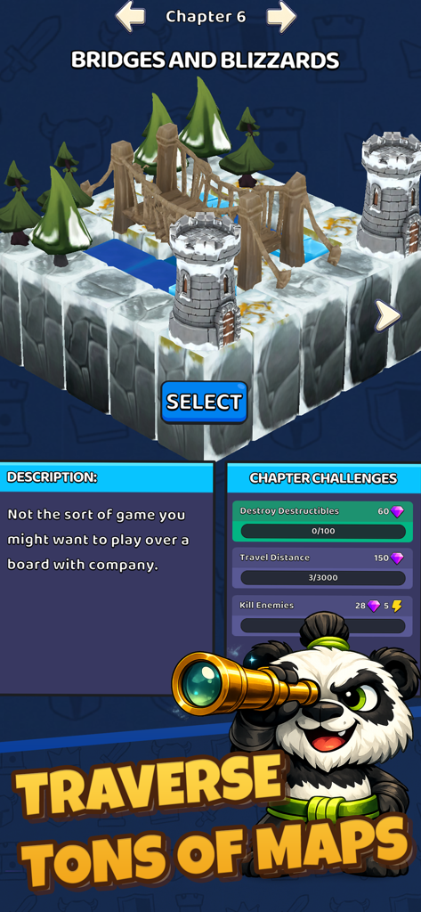 Slashy Knight - Slashy Knightのレベル選択画面。Chapter 6が表示され、雪景色のマップとチャプターチャレンジの進捗状況が表示されている。