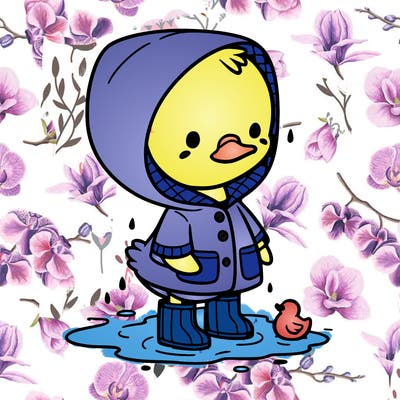 baby duck in a rain coat and boots, in a puddle while it’s raining