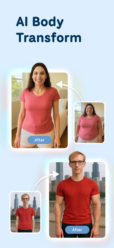 남성과 여성의 운동 결과 전후를 보여주는 AI 신체 변환 기능