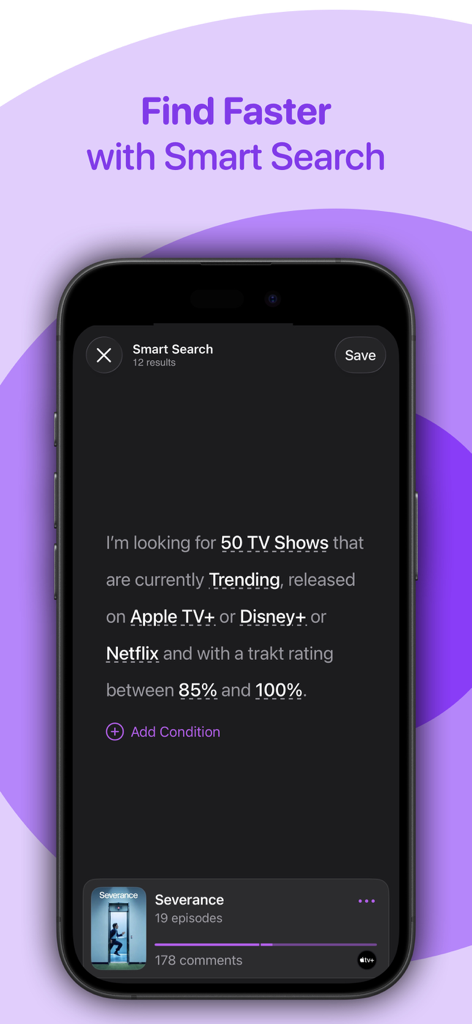 Rippple for Trakt smart search interface showing advanced filters for streaming services and ratings