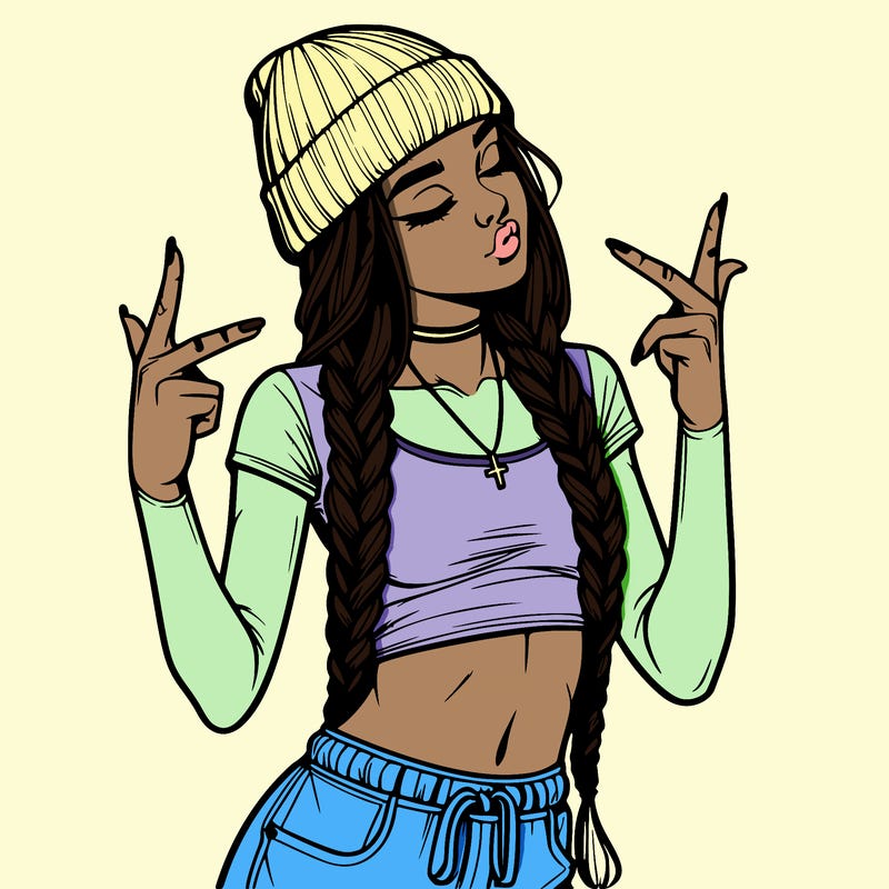 realistic teenage girl with braids and a beanie and crop top doing 🫶🏼