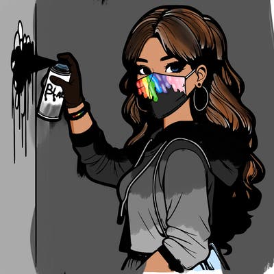 realistic girl with mask spray painting a wall