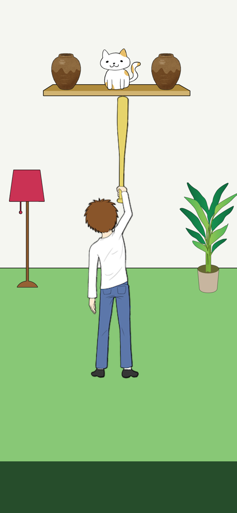 Where's my Cat? -Escape Game- - Um menino de desenho animado usa um taco de beisebol para alcançar um gato sentado em uma prateleira alta entre dois vasos no jogo de fuga Onde está meu gato.
