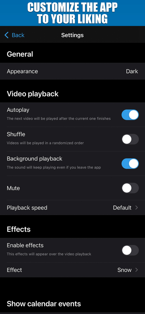 Settings menu of the Aquarium TV Screen app showing customization options for video playback and special effects.