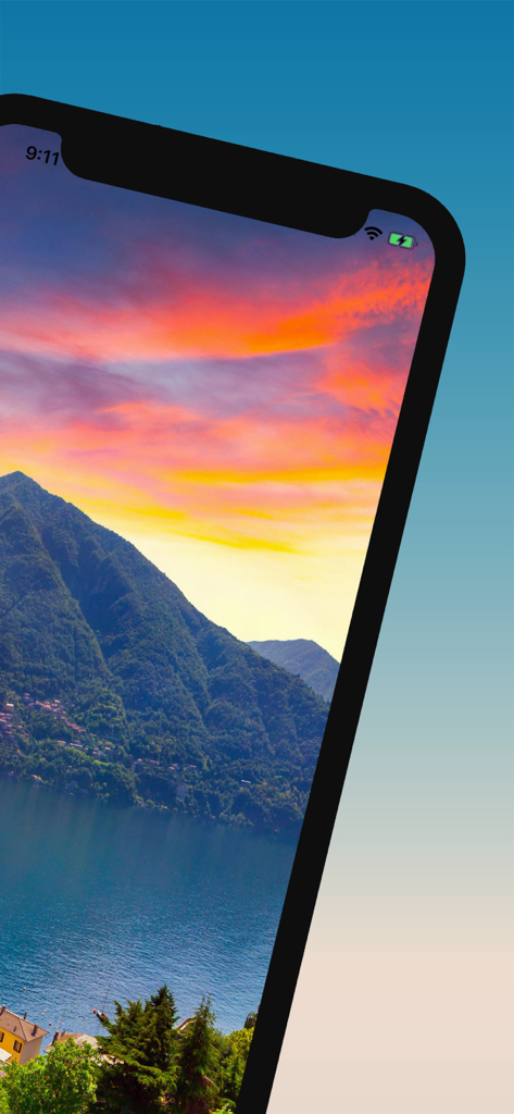Scenic sunset view of Lake Como mountains and water on a mobile travel guide app