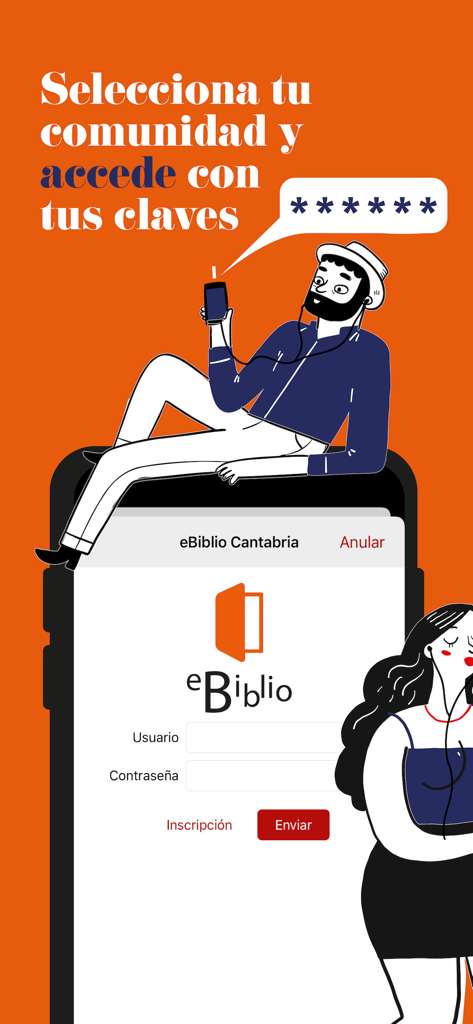 Pantalla de inicio de sesión de la app eBiblio mostrando texto e ilustraciones en español de lectores digitales.