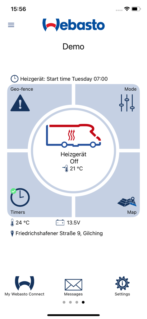 ThermoConnect - ThermoConnectアプリのダッシュボード。車両ヒーターステータス、温度、バッテリー電圧が表示されます。