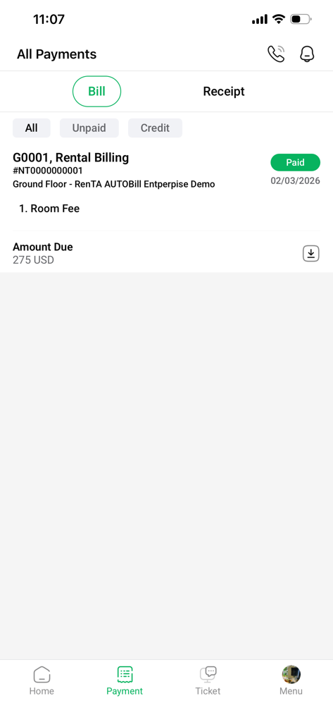 RenTA PORTAL - RenTA PORTAL mobile app screen showing a paid rental bill status and payment details for a tenant