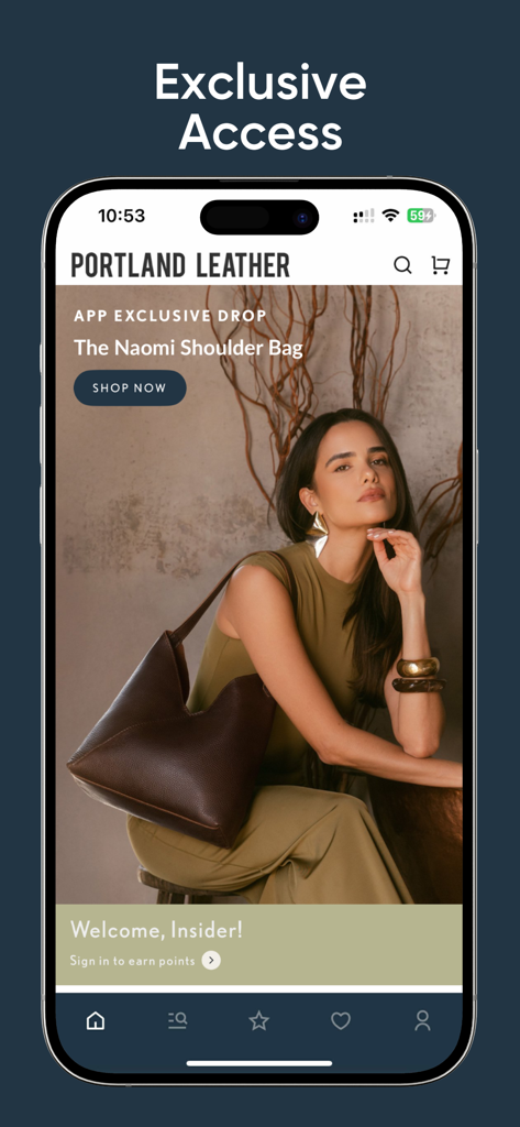 Portland Leather Goods - モデルが茶色のショルダーバッグを着用した限定レザーバッグドロップを紹介するPortland Leather Goodsのモバイルアプリインターフェース。