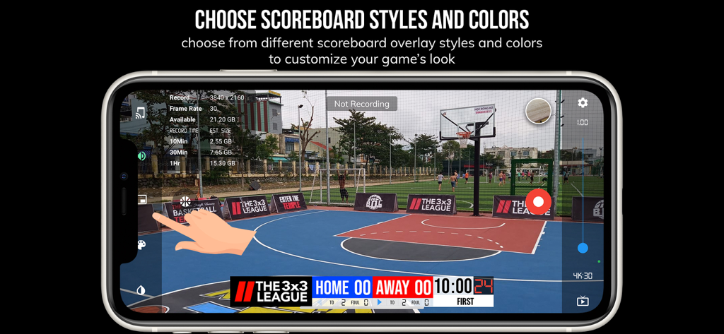Interfaz de la aplicación BT Basketball Camera que muestra varios estilos de marcador y opciones de personalización de color para la grabación de partidos