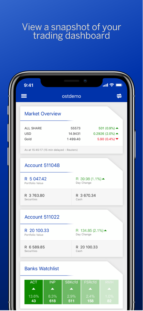 Standard Online Share Trading - Standard Online Share Trading app dashboard showing market overview and account portfolio values on an iPhone screen.