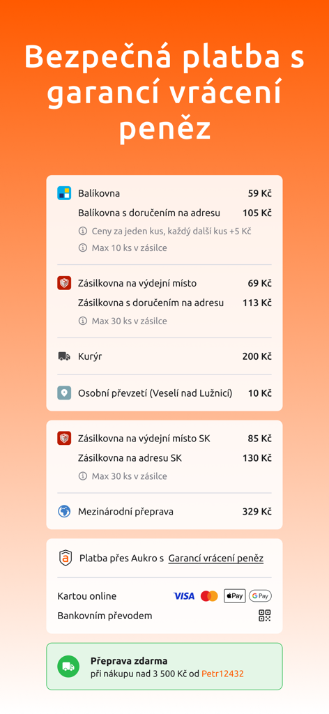Interface de l'application Aukro montrant les méthodes de paiement sécurisées et les options d'expédition, y compris la livraison internationale.