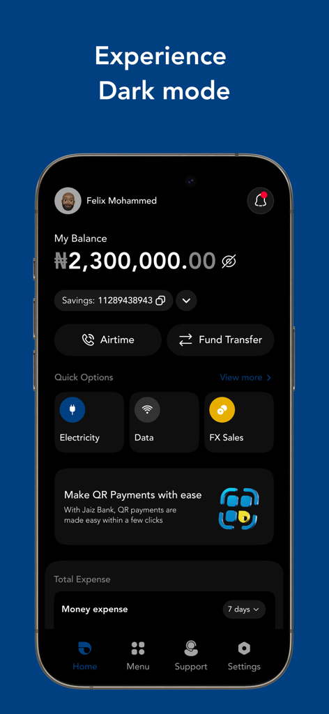 Jaiz Mobile Plus - Jaiz Mobile Plus app dashboard featuring dark mode and financial services overview