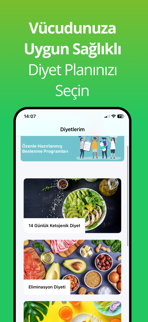 Mevsiminde Beslenme - 키토제닉 및 제거 다이어트와 같은 다양한 건강 다이어트 계획을 보여주는 모바일 앱 인터페이스