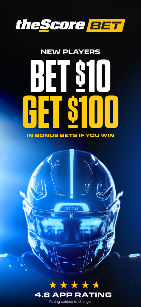 theScore Bet promotional screen showing a bet ten dollars get one hundred dollars offer for new players with a glowing football helmet