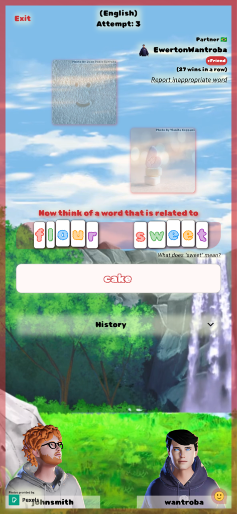 Tela de jogabilidade do aplicativo móvel Say the Same mostrando jogadores tentando adivinhar a mesma palavra por associação.