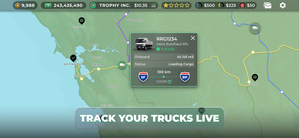 Mapa de seguimiento GPS en vivo mostrando rutas de camiones y gestión logística en Truck Manager 2026