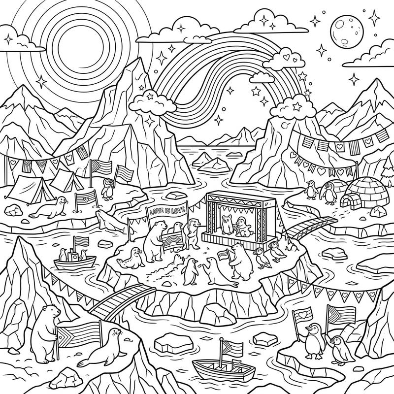 Immerse yourself in a heartwarming Arctic Pride celebration with this captivating coloring page. Join an array of adorable polar animals as they gather to honor love and diversity amidst icy landscapes and festive rainbow banners.