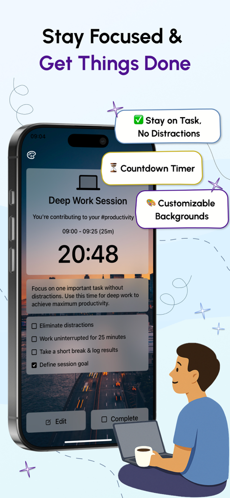 Simplified AI Daily Planner deep work mode with countdown timer and productivity tasks
