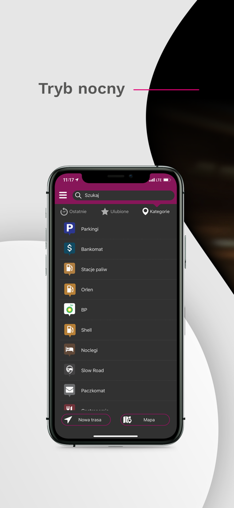 Smartphone mostrando el modo nocturno de la aplicación Nawigacja T-Mobile con categorías para cajeros automáticos de estacionamiento y gasolineras