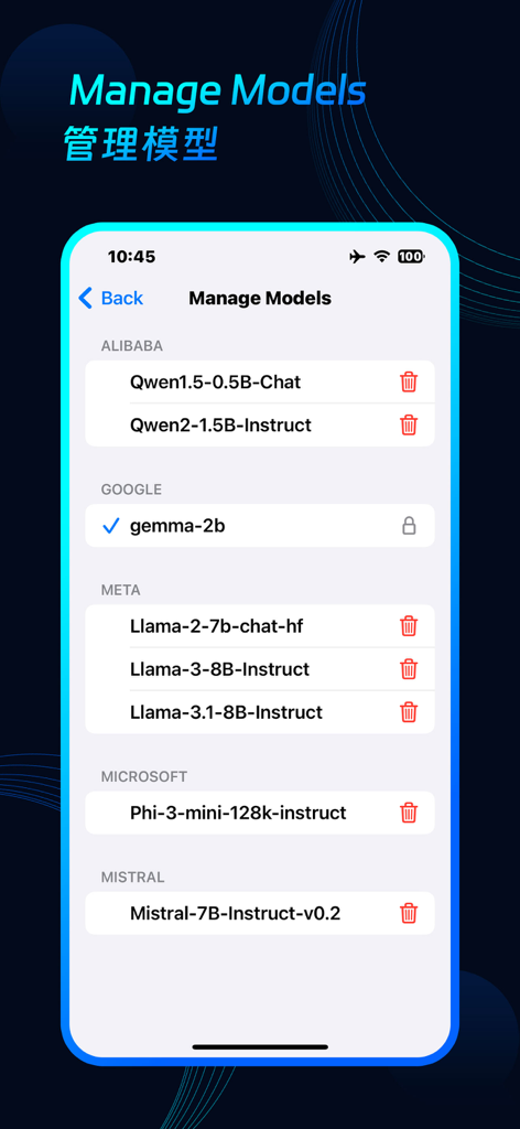 xChat AI - Offline Chatbot - Interface of xChat AI showing a list of downloadable offline models from Meta Google Microsoft and Mistral