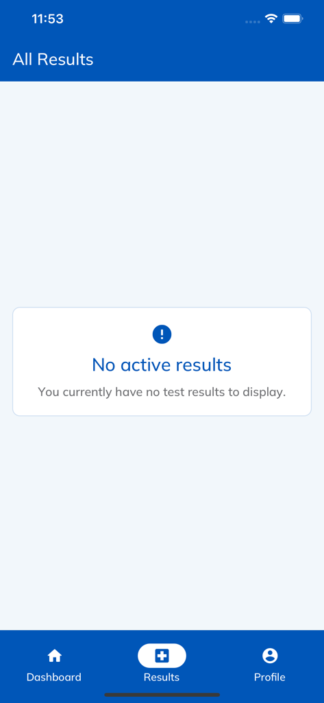 Ampath mobile app showing empty pathology test results screen