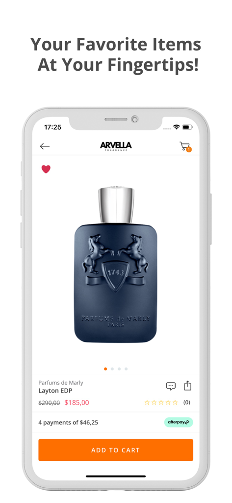 Arvella Fragrance - 아벨라 향수 앱 상품 페이지에서 Parfums de Marly Layton 할인 향수병을 보여줍니다