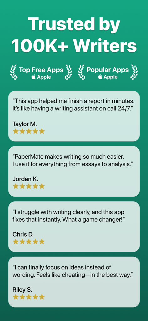 A list of positive user testimonials and high app rankings for the PaperMate AI essay writer app.