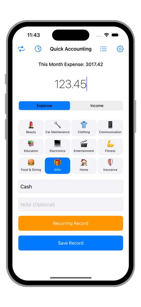 Quick accounting interface in Wallet Money Manager app for manual expense tracking with category selection icons