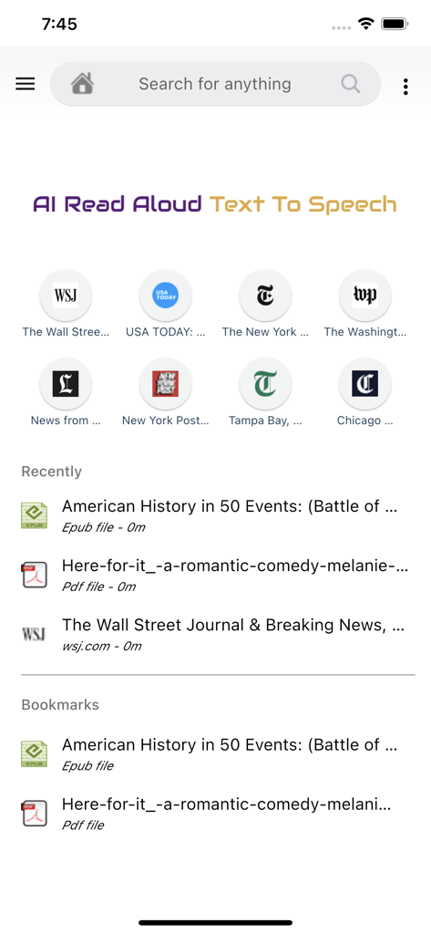 AI Read Aloud Text To Speech - AI Read Aloud app home screen displaying news shortcuts and recently opened documents