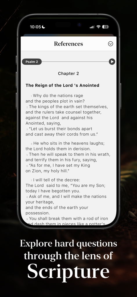 A mobile screen showing biblical scripture references from Psalm 2 in The Catechism app.