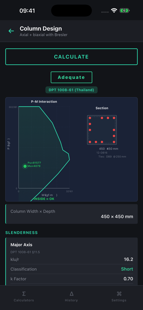 VerCivil: Structural Engineer - VerCivil app interface showing a reinforced concrete column design with a PM interaction chart and section diagram.