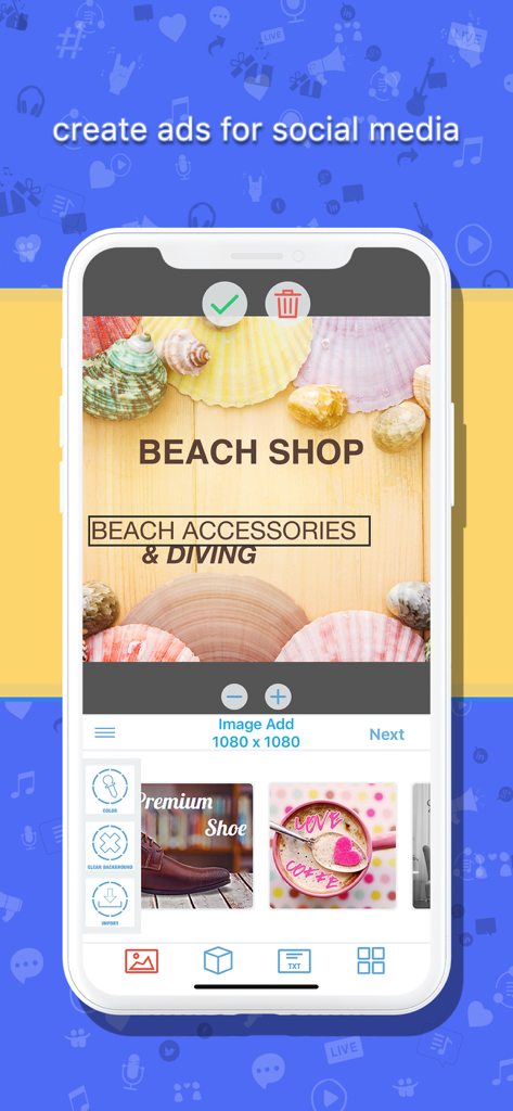 Interface of a social media ad maker app showing a beach shop banner being edited on a smartphone