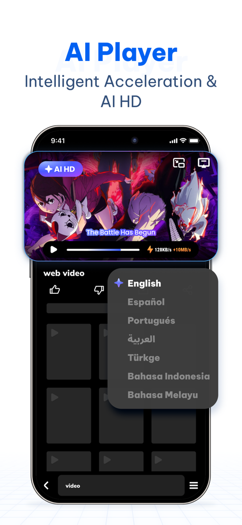 Seekee - Ai Search & Assistant - Interfaz del reproductor de video IA de Seekee con mejora HD y menú de traducción multilingüe.