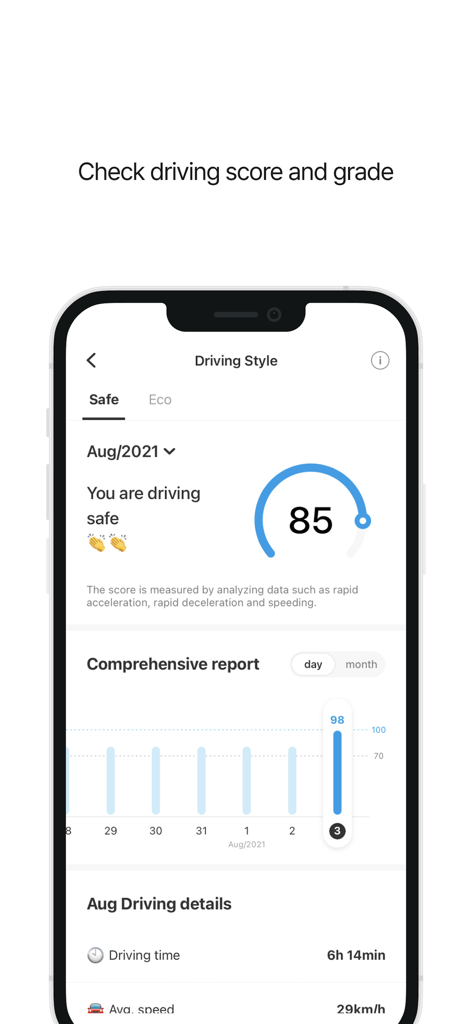 Infocar app screen displaying driving style analysis with a safety score and comprehensive driving reports.
