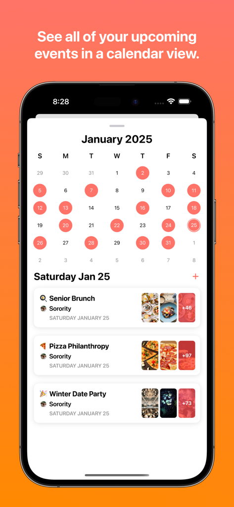 Flare - For Groups - Flare app interface showing a monthly calendar with upcoming group events like sorority brunches and date parties