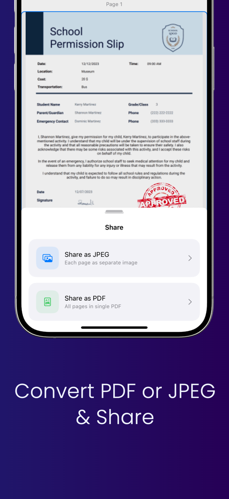署名済みの学校許可証をJPEGまたはPDFドキュメントとして共有するオプションを示すモバイルインターフェース。