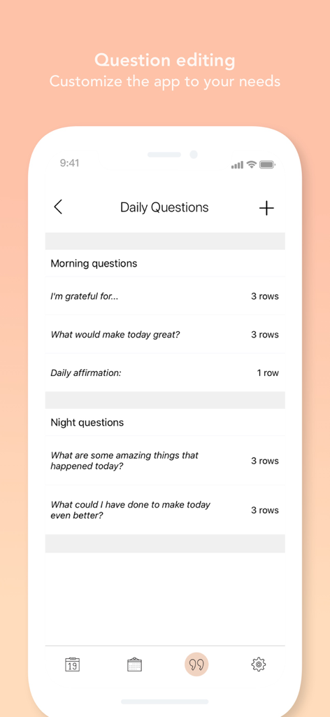 Morning! - Gratitude Journal - Oberfläche zur Bearbeitung von täglichen Morgen- und Abend-Dankbarkeitsfragen in der Morning-App