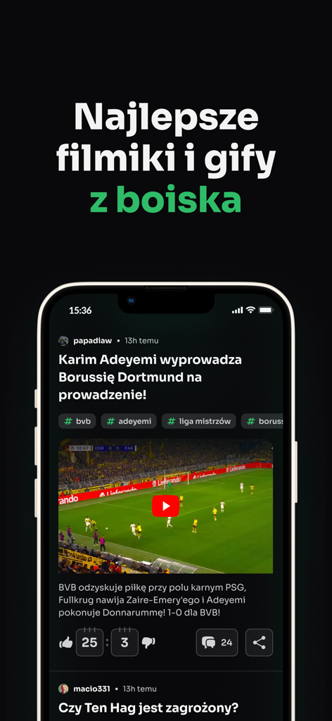 Fangol: Piłka Nożna & Newsy - Fangol-App-Bildschirm, der Fußball-Video-Highlights und Beiträge der Fangemeinde zeigt