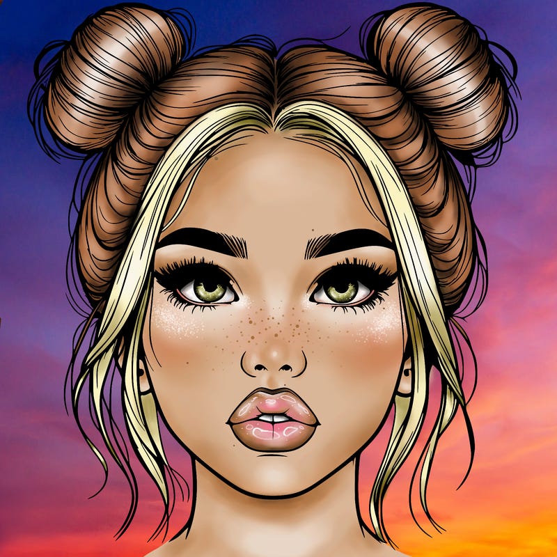 realistic girl with two buns on her hair and lips