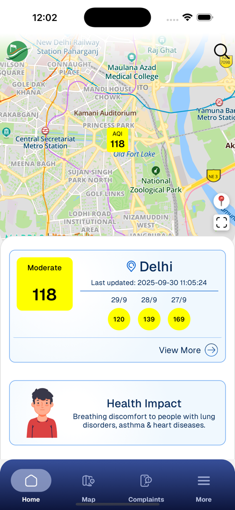 Sameer India's AQI - Interfaz de la aplicación Sameer que muestra un mapa de Delhi con un índice de calidad del aire moderado de 118 e información relacionada sobre el impacto en la salud
