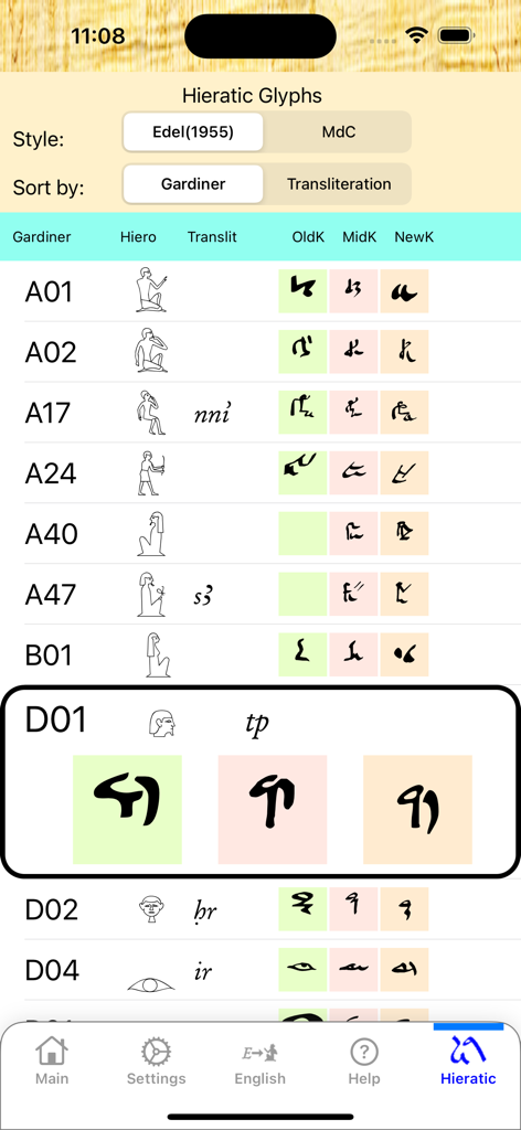 Hieroglyph Pro - A comparison table of Egyptian hieroglyphs and their historical Hieratic script variations