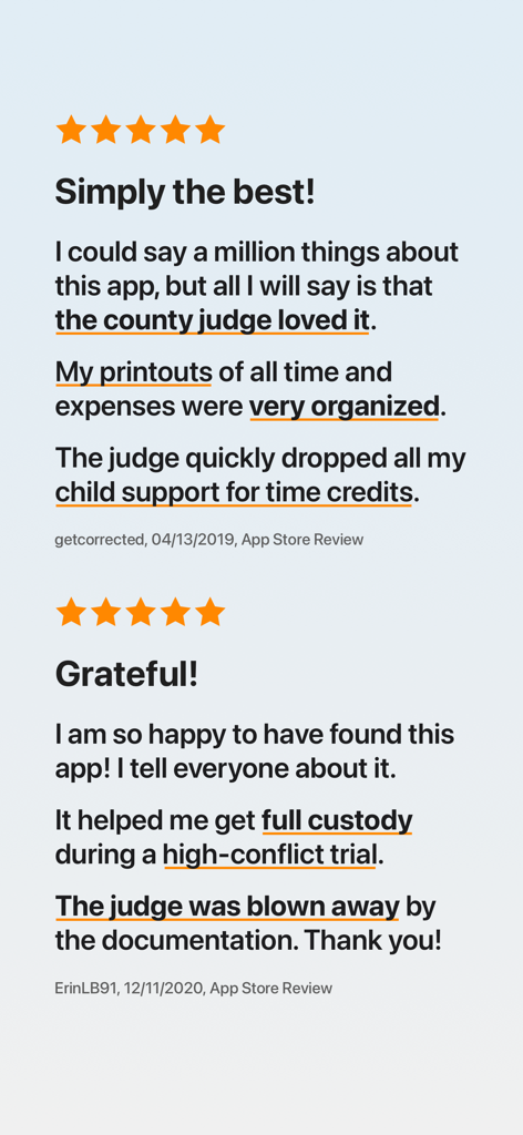 Avis de l'App Store pour Alimentor 2 soulignant son efficacité à fournir une documentation organisée de la garde et des dépenses pour le tribunal.