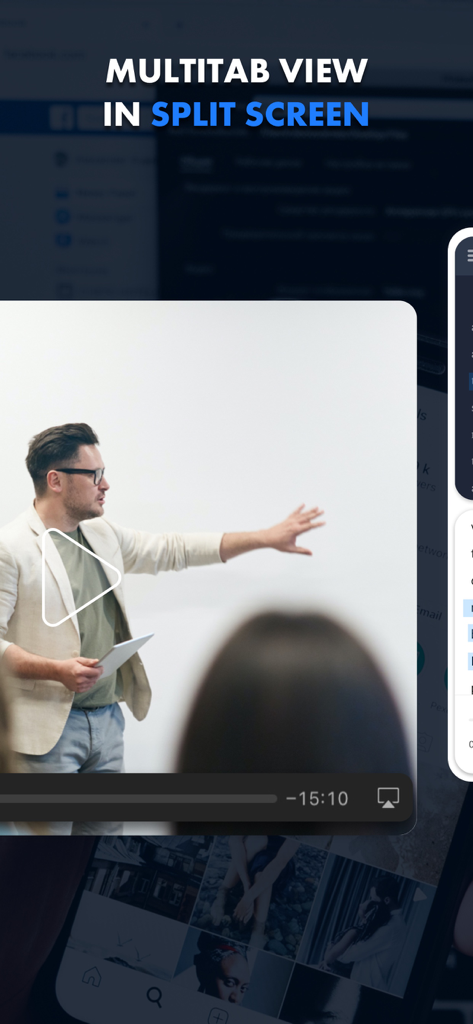 Interface of Multitasking Split Screen app showing a video player overlaying a social media feed in multitab view