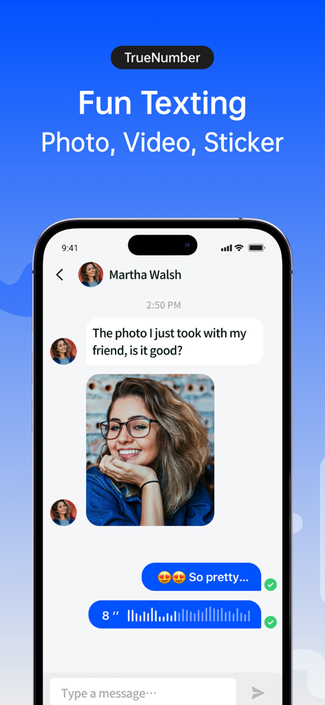 TrueNumber:Second Phone Number - A messaging interface in the TrueNumber app showing a chat conversation with photos, emojis, and voice messages.