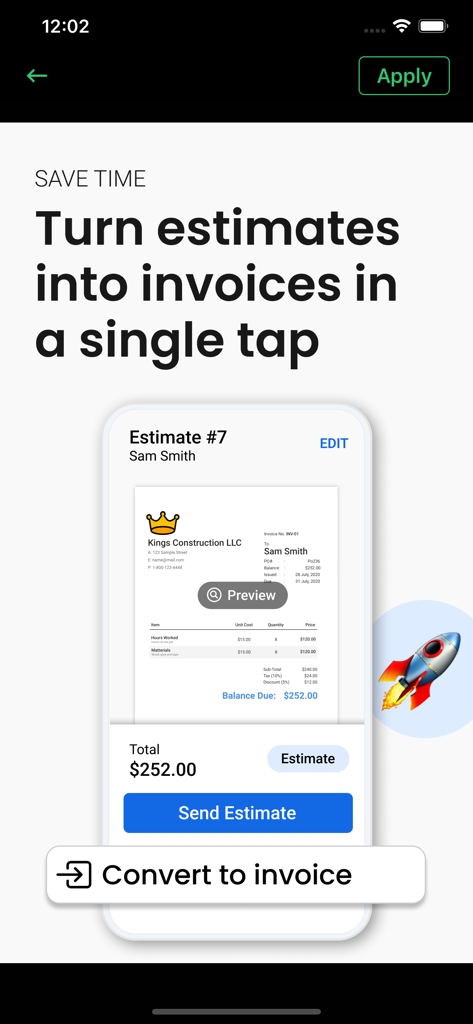 Invoiceto : Invoice Generator - Mobile screen showing the feature to turn business estimates into invoices in a single tap