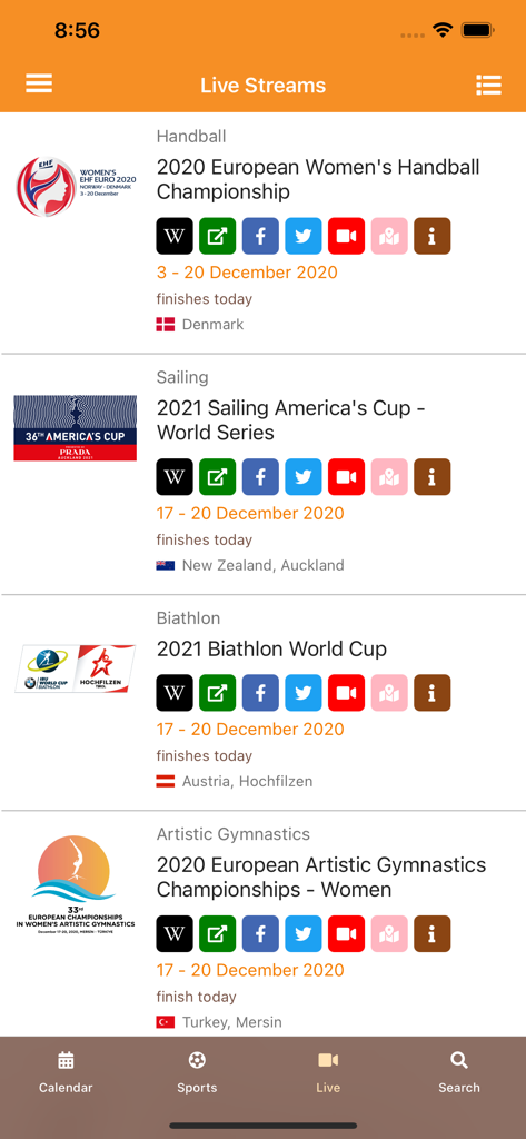 All Sport DB Live - ライブグローバルスポーツイベントとストリーミングリンクのリストが表示されたAll Sport DB Liveアプリのインターフェイス。